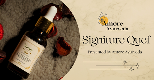 "Amore Ayurveda Signature Ouef Hair Serum with egg oil for natural hair growth and repair, positioned with Ayurvedic ingredients highlighting the product's natural benefits."