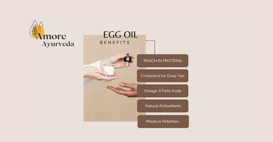 "Amore Ayurveda blog banner featuring Ayurvedic hair care tips and the benefits of egg oil in promoting natural hair health and growth."